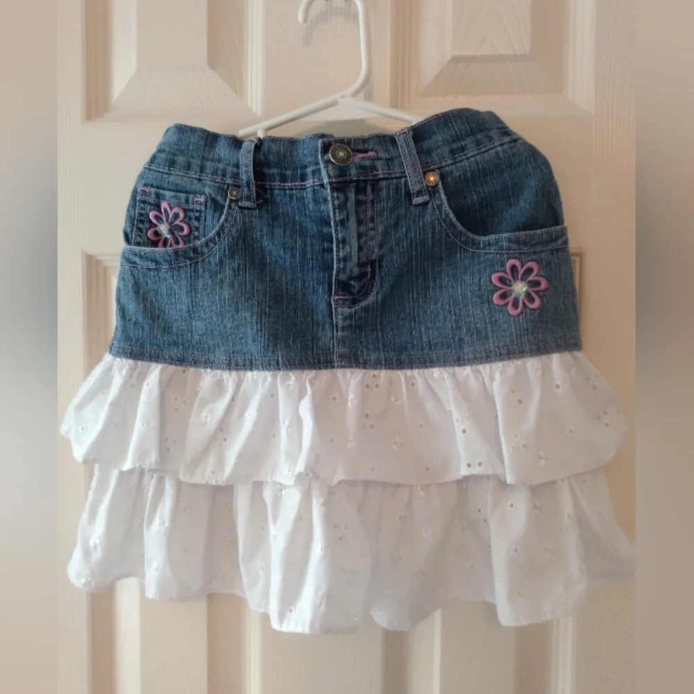 🦋HP! Vintage | Girls Denim & Eyelet Ruffle Tier Skirt Size 6